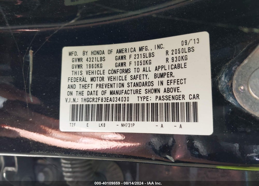2014 HONDA ACCORD EX-L VIN: 1HGCR2F83EA034030