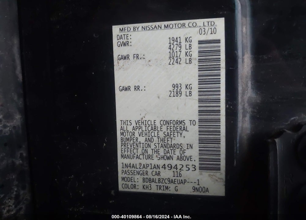 2010 NISSAN ALTIMA 2.5 S VIN: 1N4AL2AP1AN494253