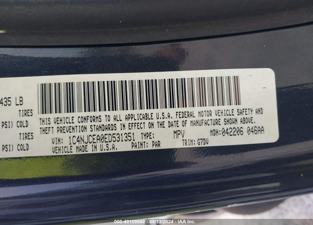 2014 JEEP COMPASS LATITUDE VIN: 1C4NJCEA0ED531351