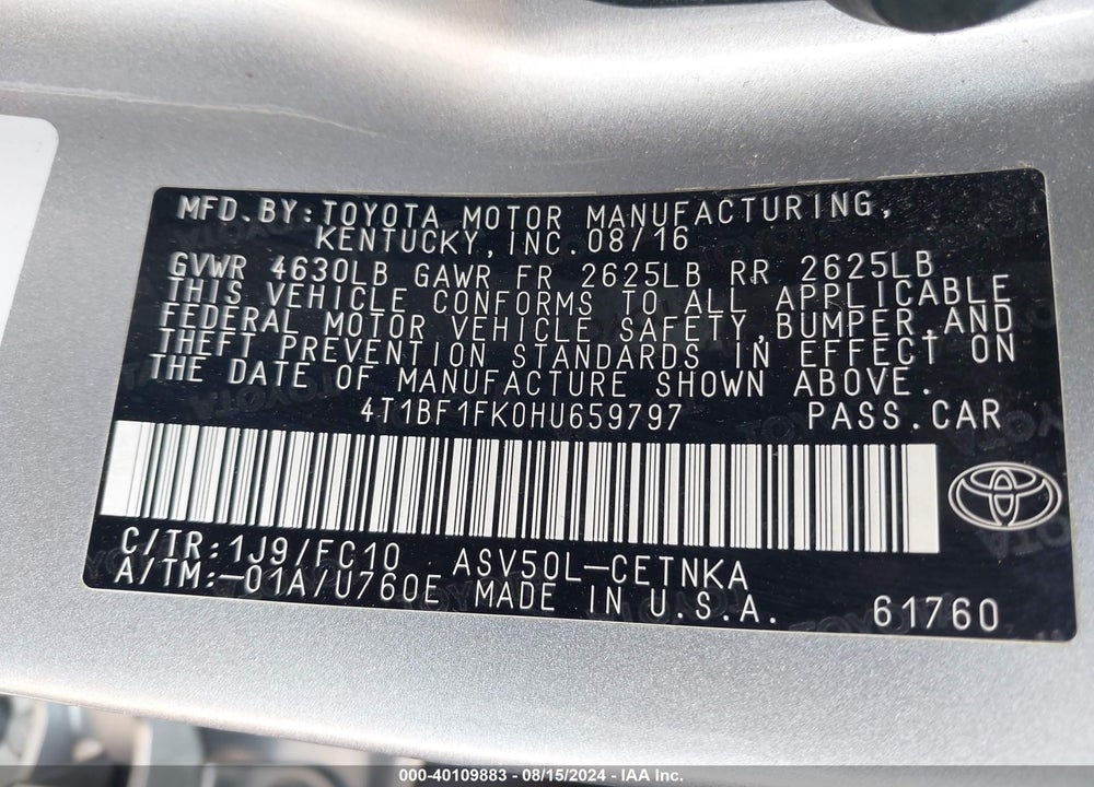 2017 TOYOTA CAMRY LE VIN: 4T1BF1FK0HU659797