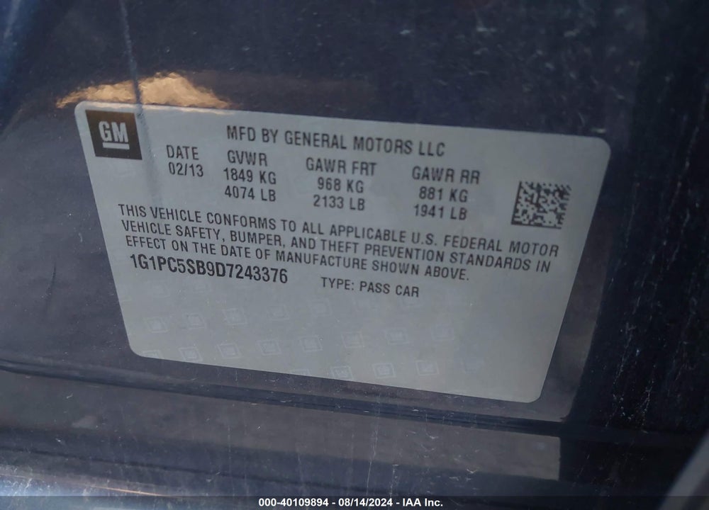 2013 CHEVROLET CRUZE 1LT AUTO VIN: 1G1PC5SB9D7243376
