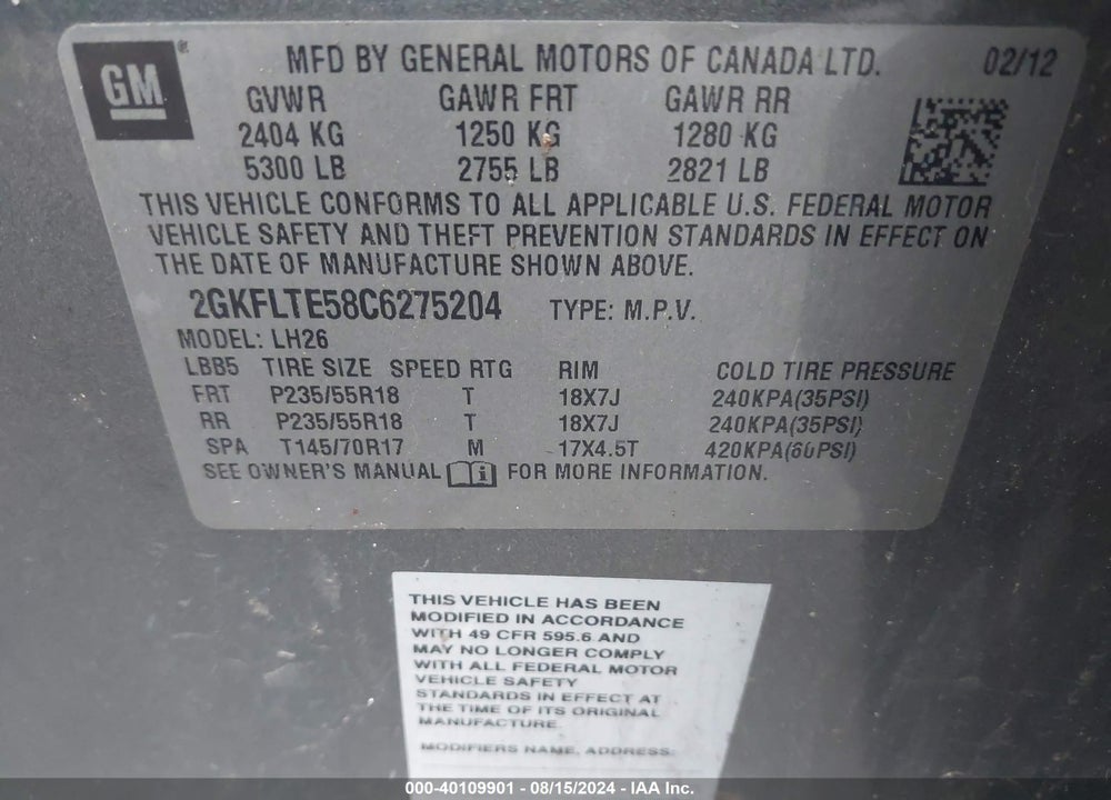2012 GMC TERRAIN SLE-2 VIN: 2GKFLTE58C6275204