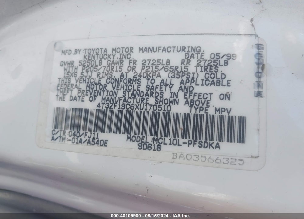 1999 TOYOTA SIENNA CE VIN: 4T3ZF19C6XU170510