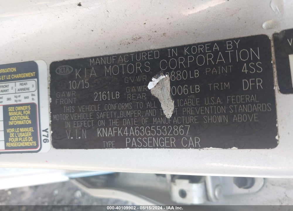 2016 KIA FORTE LX VIN: KNAFK4A63G5532867