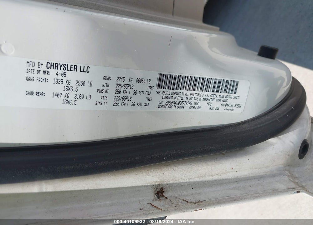 2008 DODGE GRAND CARAVAN SE VIN: 2D8HN44H08R778720