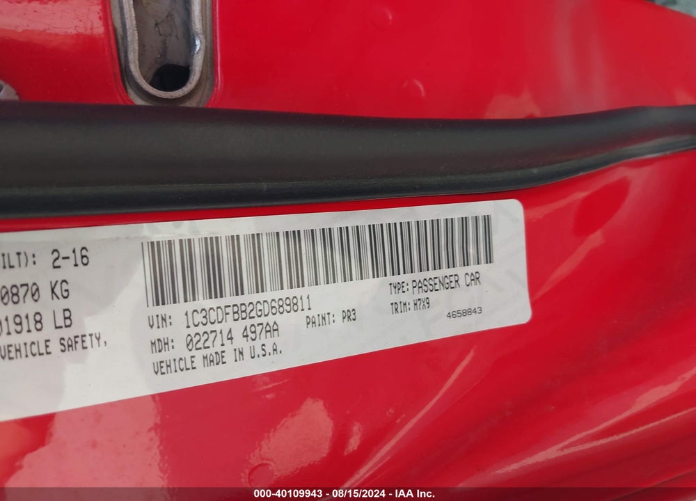 2016 DODGE DART SXT VIN: 1C3CDFBB2GD689811