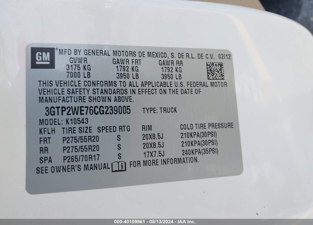 2012 GMC SIERRA 1500 SLT VIN: 3GTP2WE76CG239005