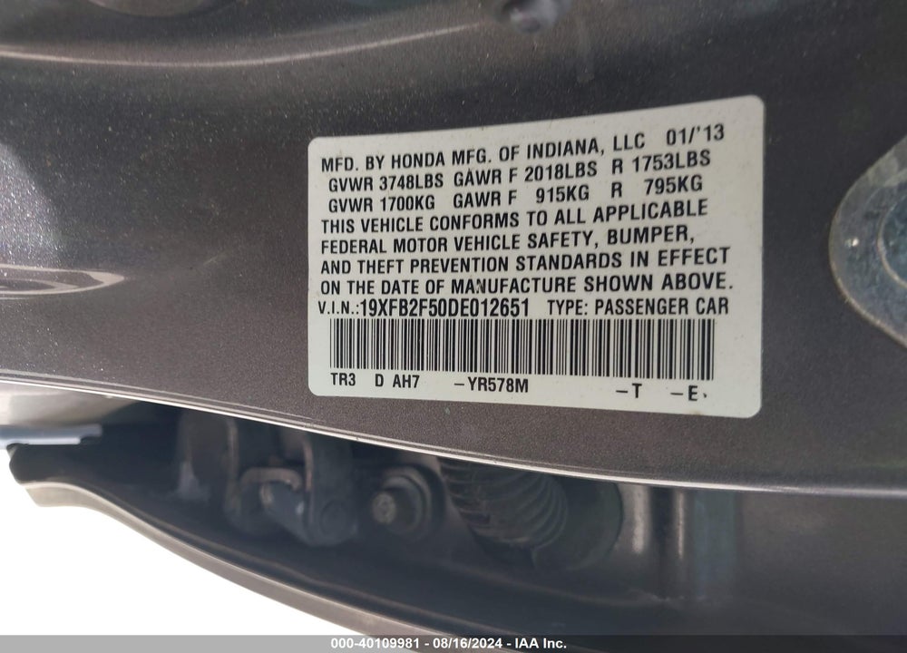 2013 HONDA CIVIC LX VIN: 19XFB2F50DE012651