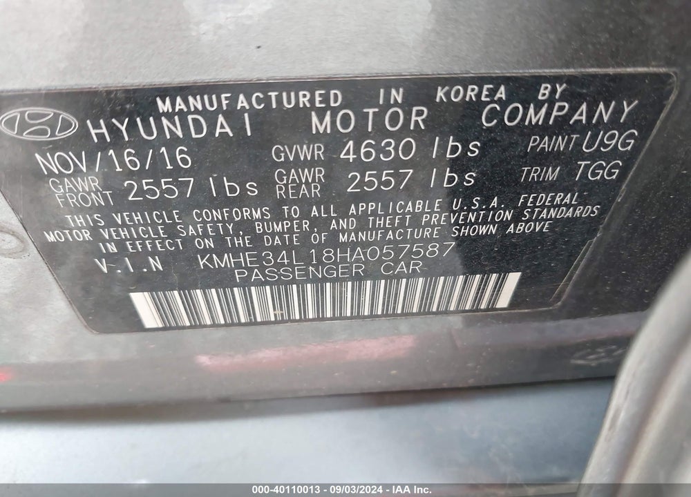 2017 HYUNDAI SONATA HYBRID VIN: KMHE34L18HA057587