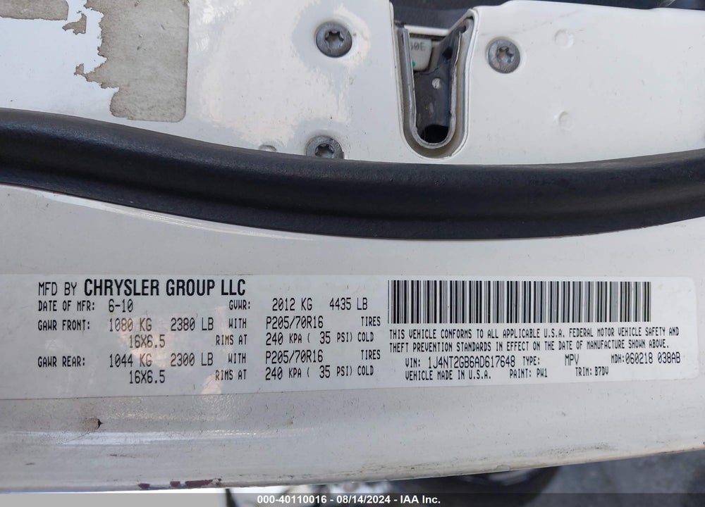 2010 JEEP PATRIOT SPORT VIN: 1J4NT2GB6AD617648