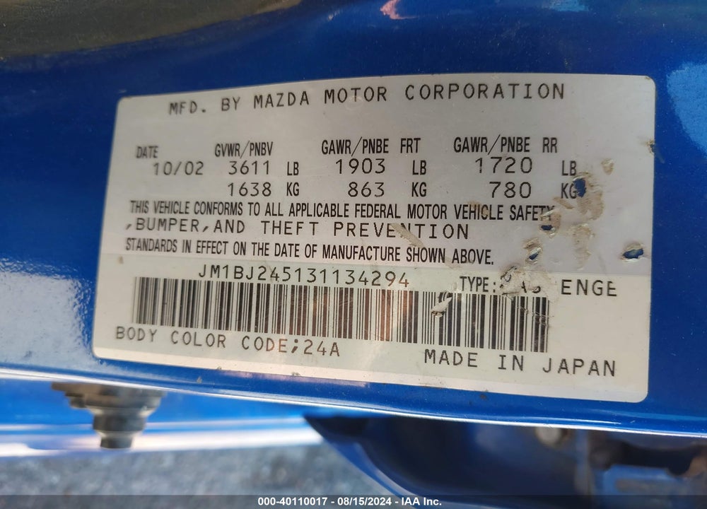 2003 MAZDA PROTEGE5 VIN: JM1BJ245131134294