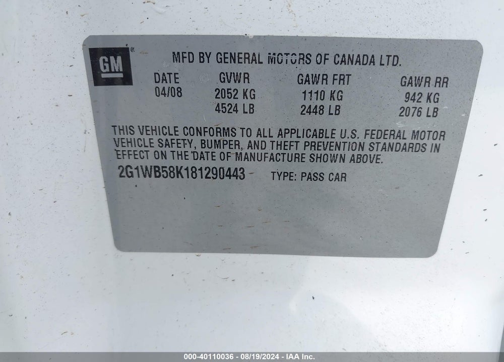 2008 CHEVROLET IMPALA LS VIN: 2G1WB58K589148128