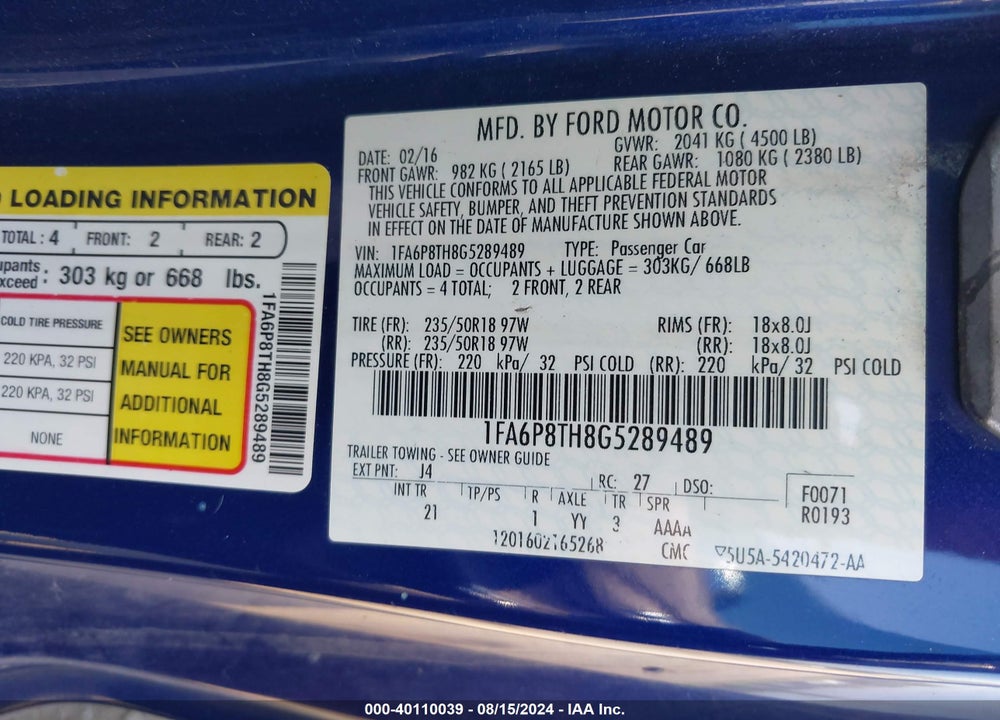 2016 FORD MUSTANG ECOBOOST VIN: 1FA6P8TH8G5289489