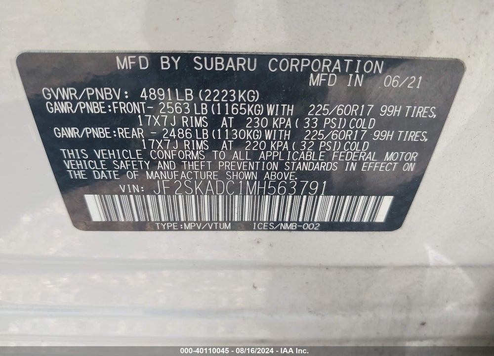 2021 SUBARU FORESTER VIN: JF2SKADC1MH563791