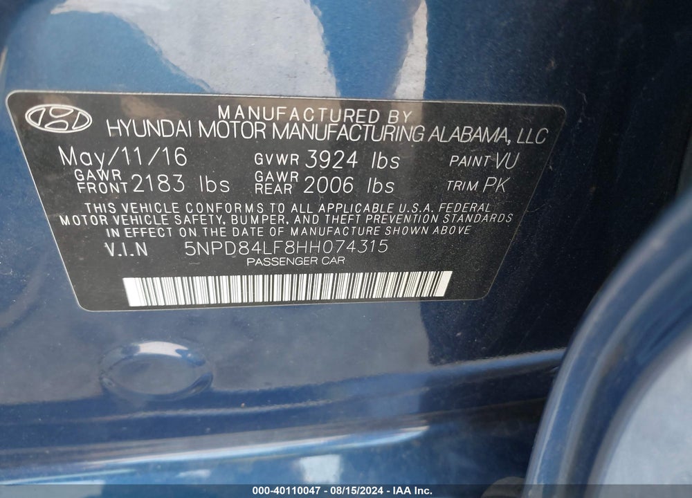 2017 HYUNDAI ELANTRA SE VIN: 5NPD84LF8HH074315