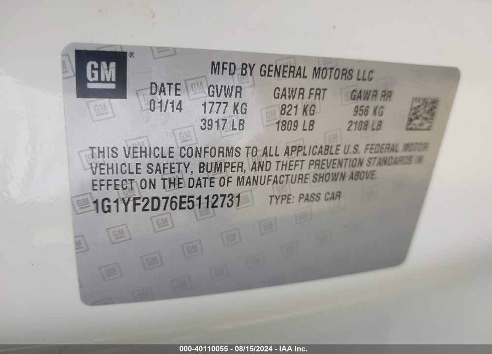 2014 CHEVROLET CORVETTE STINGRAY VIN: 1G1YF2D76E5112731