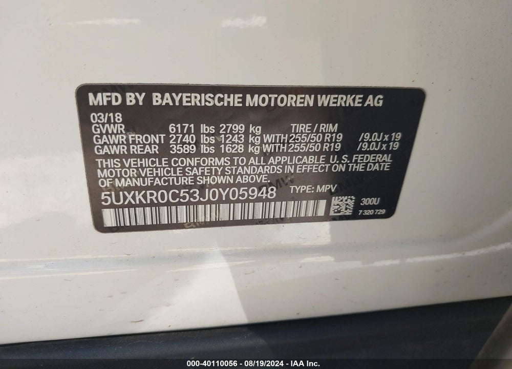 2018 BMW X5 XDRIVE35I VIN: 5UXKR0C53J0Y05948