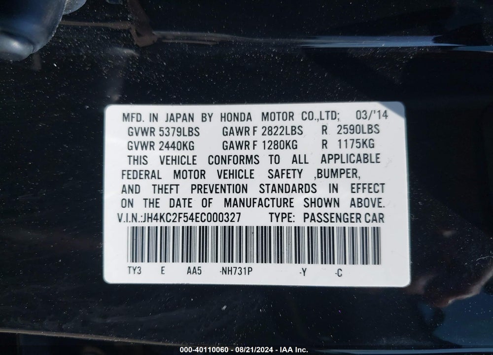 2014 ACURA RLX SPORT HYBRID TECHNOLOGY PACKAGE VIN: JH4KC2F54EC000327