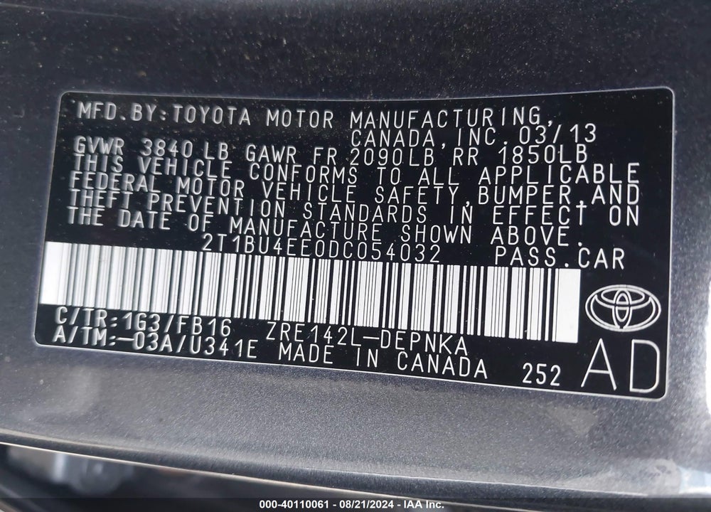 2013 TOYOTA COROLLA LE VIN: 2T1BU4EE0DC054032