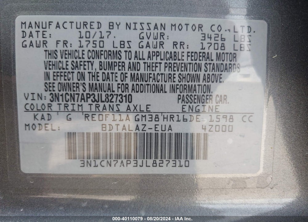 2018 NISSAN VERSA VIN: 3N1CN7AP3JL827310