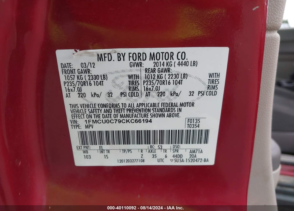 2012 FORD ESCAPE XLS VIN: 1FMCU0C79CKC66194