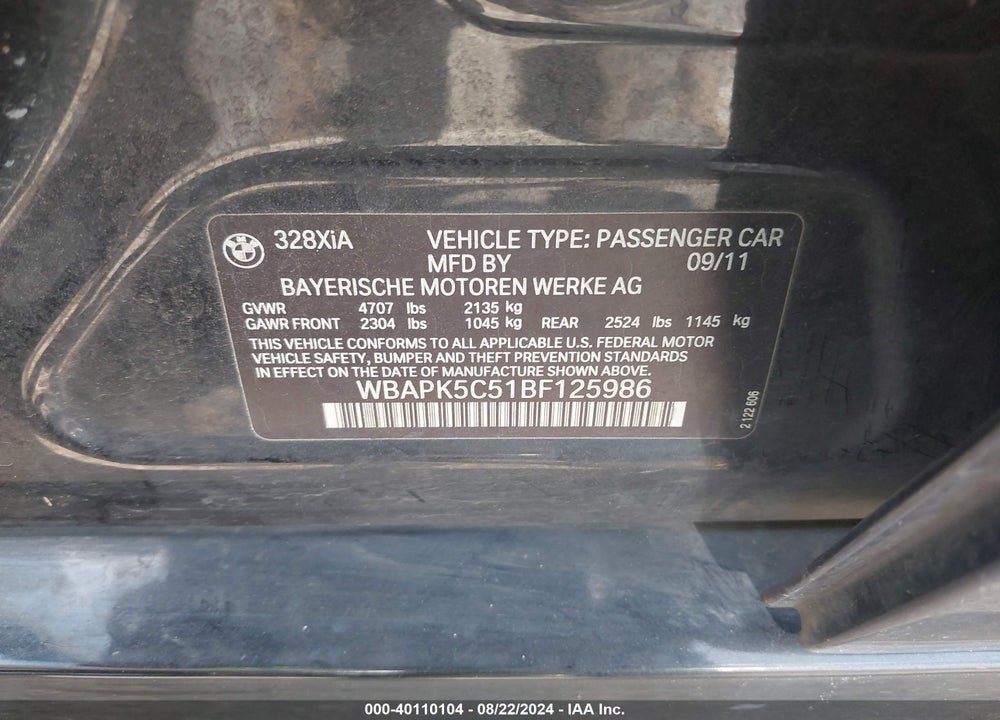 2011 BMW 328I XDRIVE VIN: WBAPK5C51BF125986