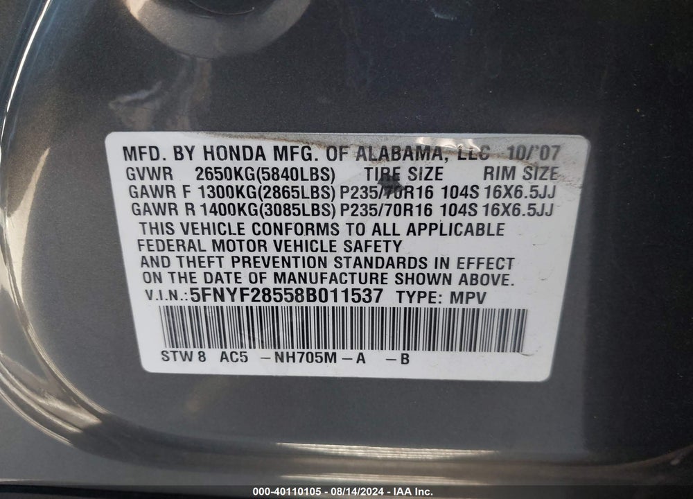2008 HONDA PILOT EX-L VIN: 5FNYF28558B011537