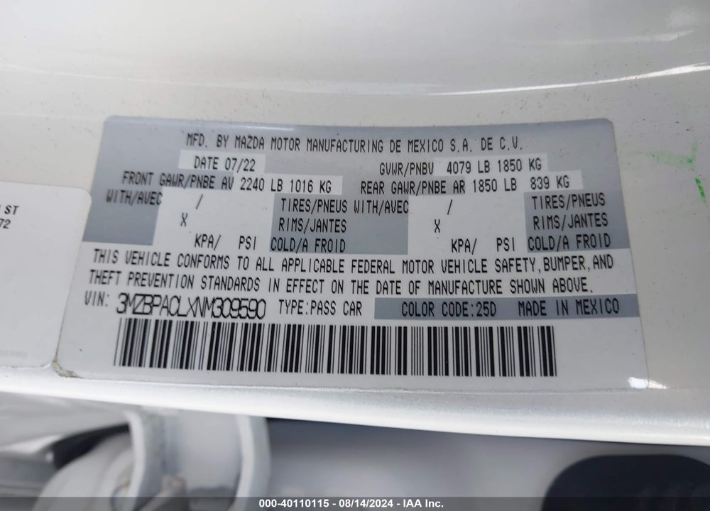2022 MAZDA 3 PREFERRED VIN: 3MZBPACLXNM309590