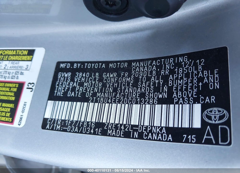 2013 TOYOTA COROLLA LE VIN: 2T1BU4EE2DC013286