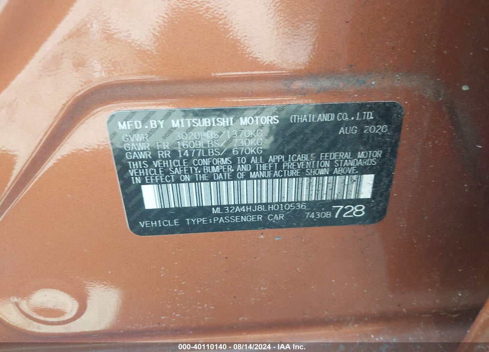 2020 MITSUBISHI MIRAGE SE VIN: ML32A4HJ8LH010536