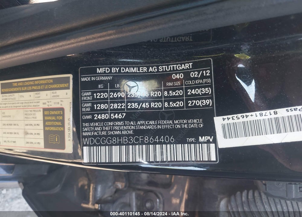 2012 MERCEDES-BENZ GLK 350 4MATIC VIN: WDCGG8HB3CF864406