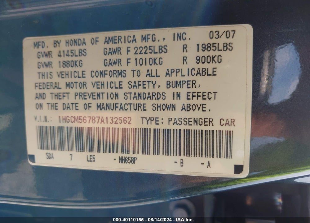 2007 HONDA ACCORD 2.4 EX VIN: 1HGCM56787A132562