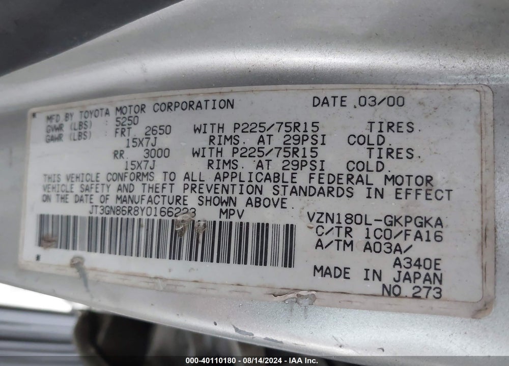2000 TOYOTA 4RUNNER SR5 V6 VIN: JT3GN86R8Y0166223