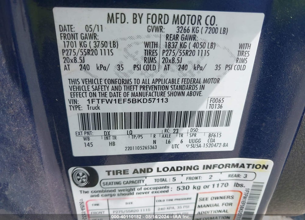 2011 FORD F-150 LARIAT VIN: 1FTFW1EF5BKD57113