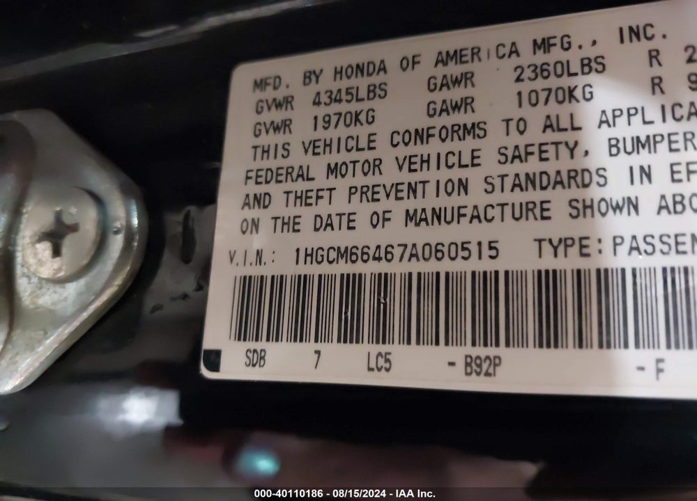 2007 HONDA ACCORD 3.0 SE VIN: 1HGCM66467A060515