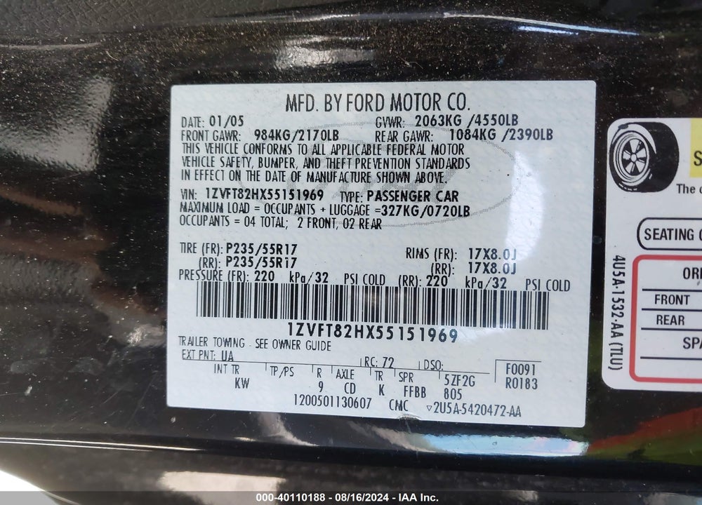 2005 FORD MUSTANG VIN: 1ZVFT82HX55151969