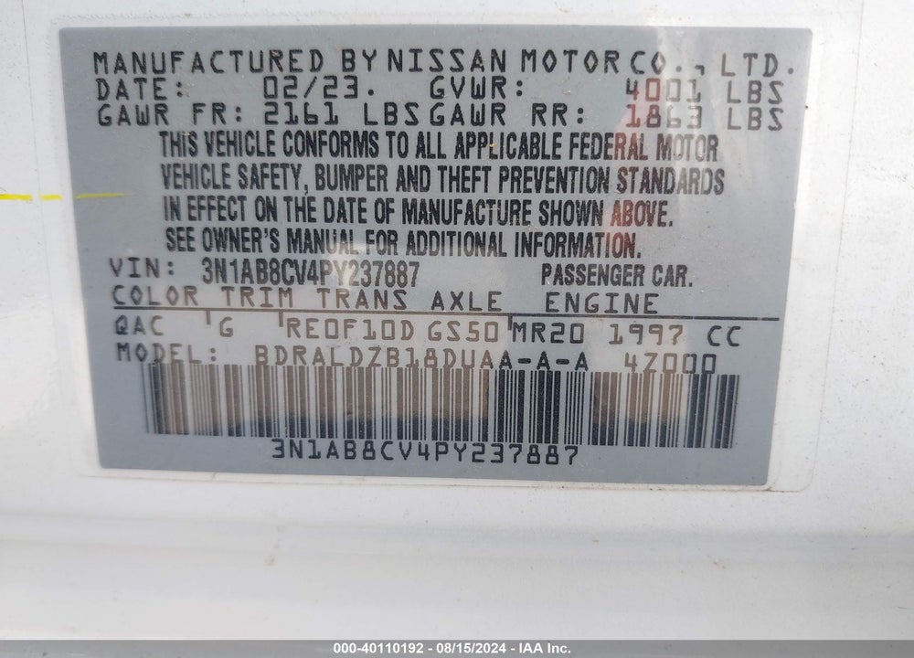 2023 NISSAN SENTRA SV XTRONIC CVT VIN: 3N1AB8CV4PY237887