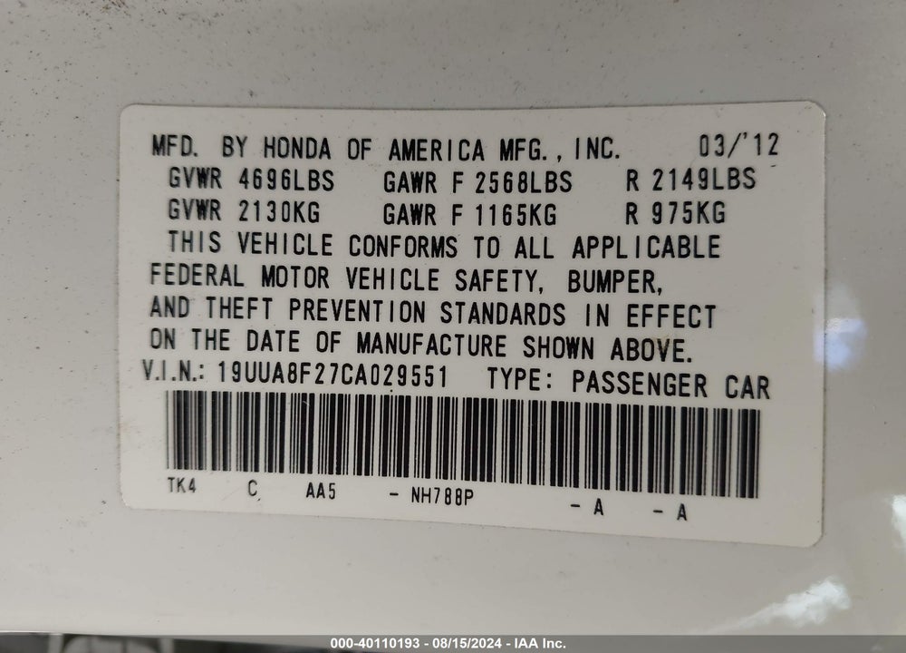 2012 ACURA TL VIN: 19UUA8F27CA029551