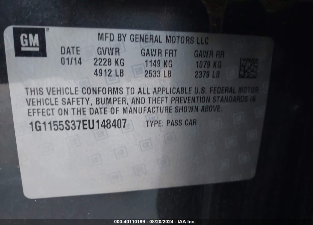 2014 CHEVROLET IMPALA VIN: 1G1155S37EU148407