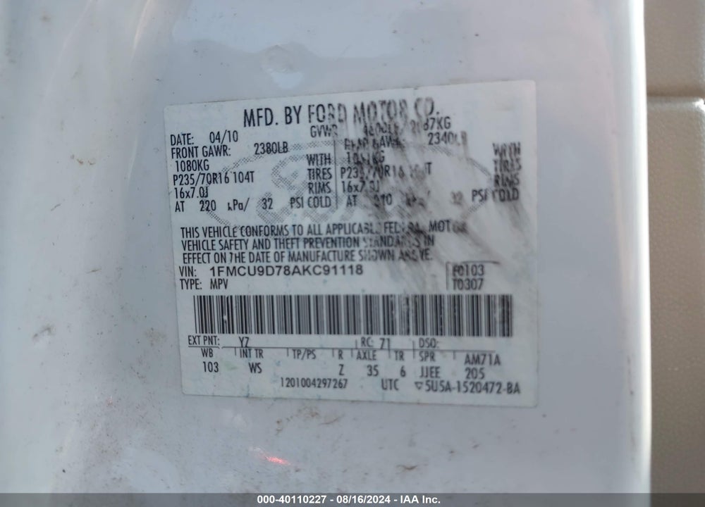 2010 FORD ESCAPE XLT VIN: 1FMCU9D78AKC91118