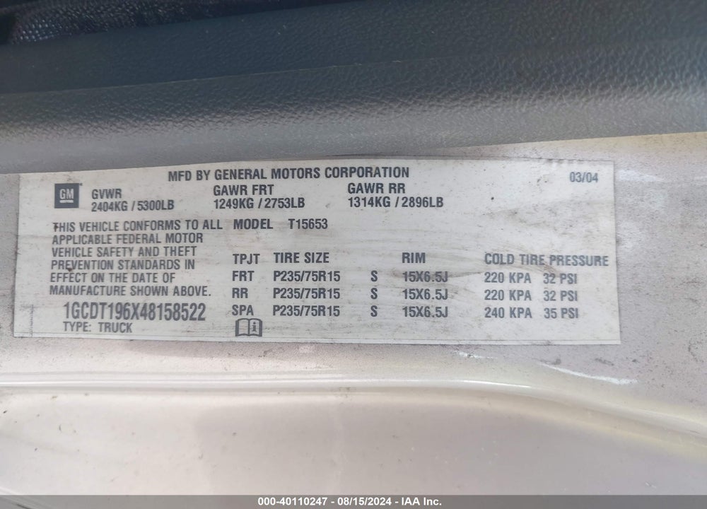 2004 CHEVROLET COLORADO LS VIN: 1GCDT196X48158522