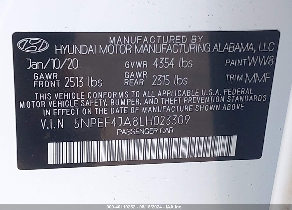 2020 HYUNDAI SONATA SEL VIN: 5NPEF4JA8LH023309