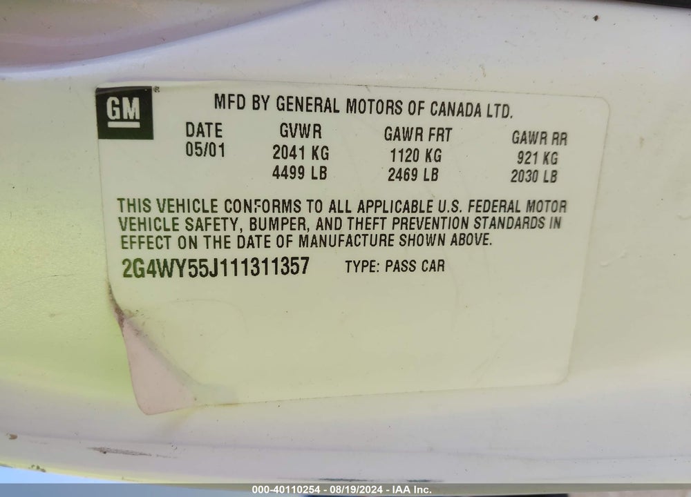2001 BUICK CENTURY LIMITED VIN: 2G4WY55J111311357