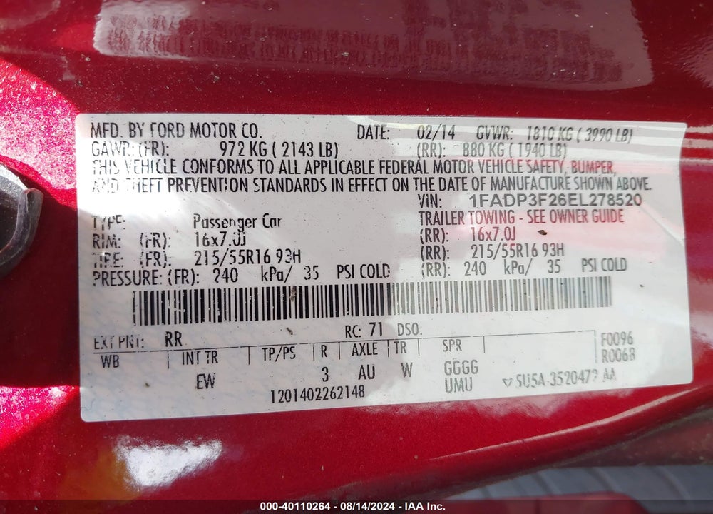 2014 FORD FOCUS SE VIN: 1FADP3F26EL278520