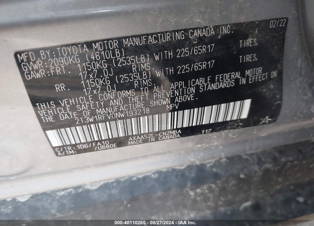 2022 TOYOTA RAV4 XLE VIN: 2T3W1RFV0NW193218