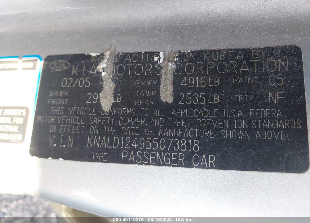 2005 KIA AMANTI VIN: KNALD124955073818