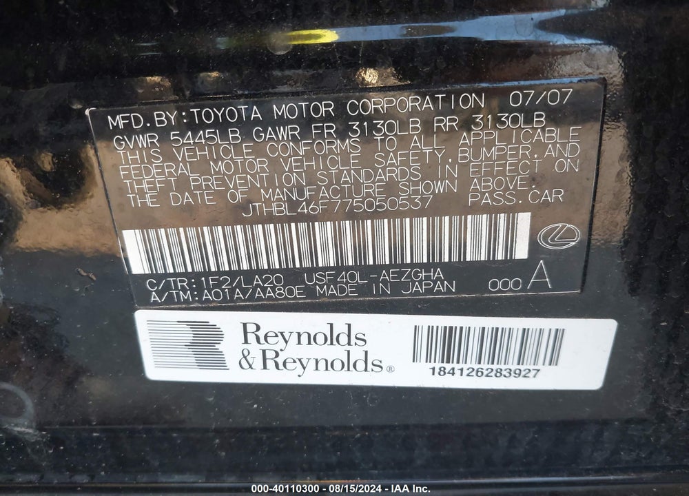 2007 LEXUS LS 460 VIN: JTHBL46F775050537