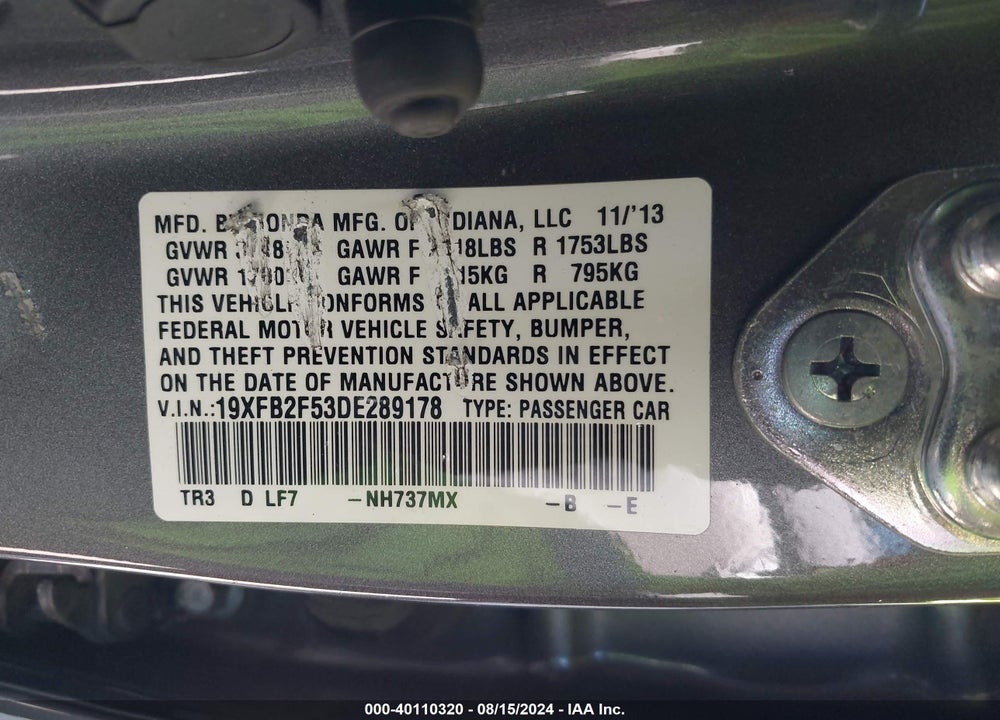 2013 HONDA CIVIC LX VIN: 19XFB2F53DE289178