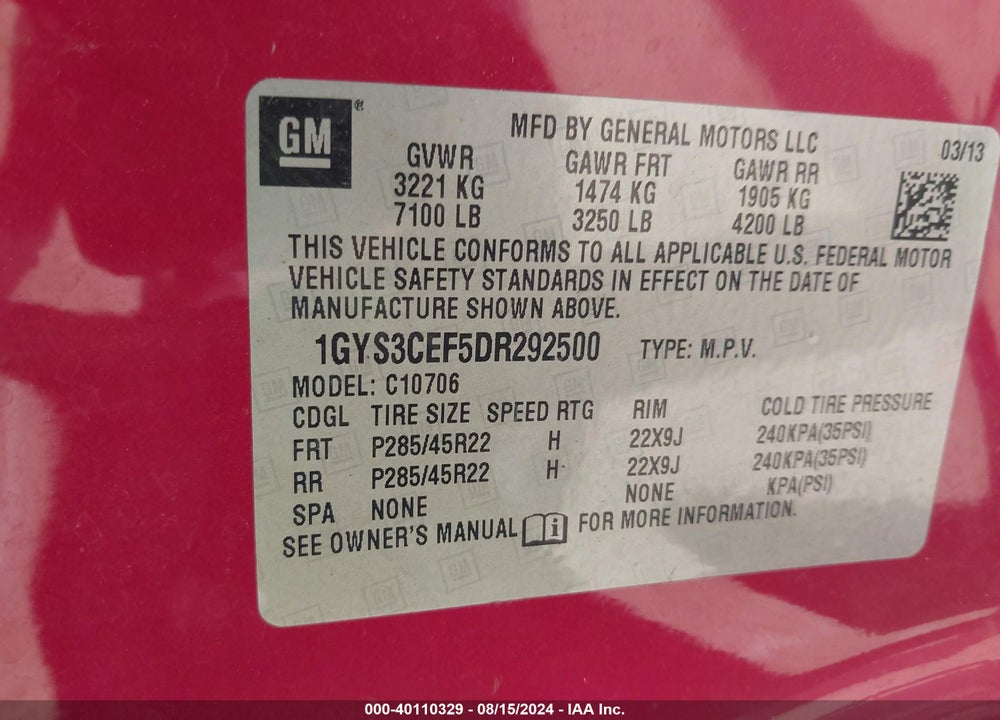 2013 CADILLAC ESCALADE PREMIUM VIN: 1GYS3CEF5DR292500