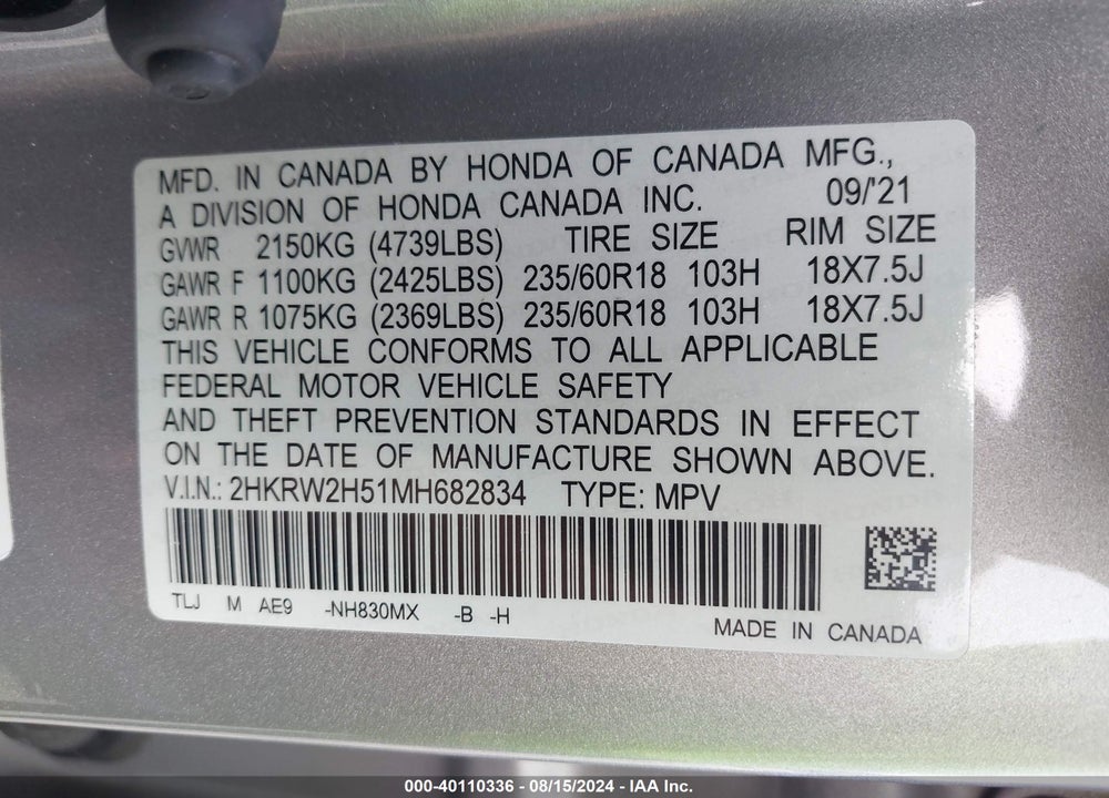 2021 HONDA CR-V AWD EX VIN: 2HKRW2H51MH682834
